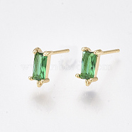 Brass Stud Earring Findings, Cubic Zirconia and Loop, Nickel Free, Real 18K Gold Plated, Rectangle, Green, 8.5x4mm, Hole: 0.8mm, Pin: 0.8mm(KK-T038-492A)