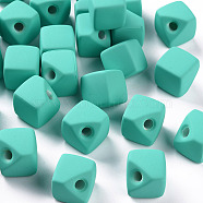 Acrylic Beads, Rubberized Style, Half Drilled, Gap Cube, Light Sea Green, 13.5x13.5x13.5mm, Hole: 3.5mm(OACR-S039-04-68)