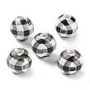 Printed Wood European Beads, Round with Tartan Pattern, Black, 13.5x13mm, Hole: 4mm(WOOD-Z002-09B)