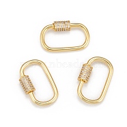 Brass Micro Pave Cubic Zirconia Screw Carabiner Lock Charms, for Necklaces Making, Oval, Clear, Golden, 26.5x17~17.5mm(ZIRC-F105-03G)