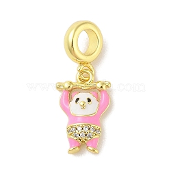 Rack Plating Brass Micro Pave Clear Cubic Zirconia Enamel European Dangle Charms, Panda Large Hole Pendants, Real 18K Gold Plated, Cadmium Free & Lead Free, Long-Lasting Plated, Hot Pink, 26mm, Hole: 4mm(KK-S380-27G-01)