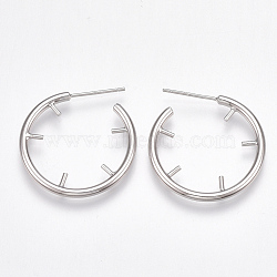 Brass Stud Earring Findings, Half Hoop Earrings, with Rhodium Plated 925 Sterling Silver Pins, For Half Drilled Beads, Nickel Free, Real Platinum Plated, 30.5x31x2mm, Pin: 0.8mm & 1mm(X-KK-T038-222S)