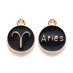 Alloy Enamel Pendants, Cadmium Free & Lead Free, Flat Round with Constellation, Light Gold, Black, Aries, 22x18x2mm, Hole: 1.5mm(ENAM-S124-01A-08A)