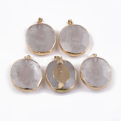 Golden Plated Natural Quartz Crystal Pendants, with Iron Findings, Faceted, Flat Round, 42~43x32~33x8~13mm, Hole: 4.5x7mm(G-S278-49)