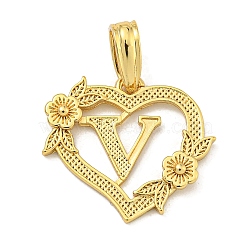 Heart Brass Pendants, Long-Lasting Plated, Cadmium Free & Lead Free, Real 18K Gold Plated, Letter V, 18x20x3mm, Hole: 3.5x7mm(KK-I714-04G-V)