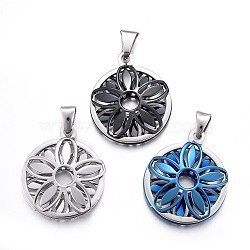 304 Stainless Steel Pendants, Flat Round with Flower, Mixed Color, 37x31x6.7mm, Hole: 4x8mm(STAS-O124-09M)