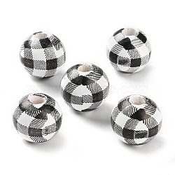 Printed Wood European Beads, Round with Tartan Pattern, Black, 13.5x13mm, Hole: 4mm(WOOD-Z002-09B)