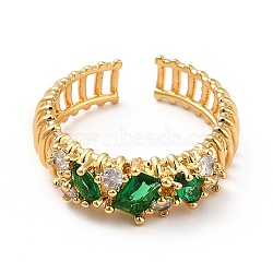 Brass Cubic Zirconia Cuff Ring, Open Ring for Women, Real 18K Gold Plated, Green, US Size 7 1/4(17.5mm)(KK-H433-07A-G)