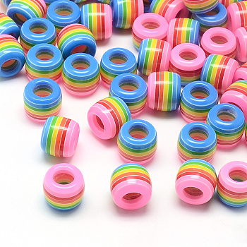 Opaque Stripe Resin Beads, Large Hole Beads, Barrel, Pearl Pink, 11x10.5mm, Hole: 6mm