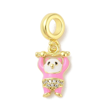 Rack Plating Brass Micro Pave Clear Cubic Zirconia Enamel European Dangle Charms, Panda Large Hole Pendants, Real 18K Gold Plated, Cadmium Free & Lead Free, Long-Lasting Plated, Hot Pink, 26mm, Hole: 4mm