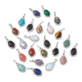 Natural & Synthetic Mixed Gemstone Pendants, Teardrop Charms, with Platinum Tone Brass Crystal Rhinestone Findings, 30.5x18x9.5mm, Hole: 4.8x7.5mm