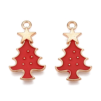 Christmas Theme Alloy Enamel Pendants, Light Gold, Lead Free & Cadmium Free, Christmas Tree, 26x14x1.5mm, Hole: 1.8mm