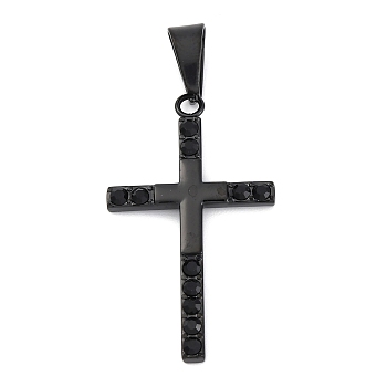 304 Stainless Steel Pendants, Cross Charm, with Rhinestone, PVD Vacuum Plating, Black, 37.5x22x2.5mm, Hole: 9x4.5mm