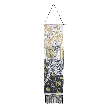 Halloween Theme Linen Wall Hanging Tapestry, Vertical Skull Skeleton Pattern Tapestry, with Wood Rod & Iron Traceless Nail & Cord, for Home Decoration, Rectangle, Light Khaki, 164cm