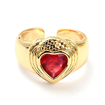 Brass Micro Pave Cubic Zirconia Cuff Rings, Open Rings, Wide Band Rings, Heart, Red, Golden, US Size 6, Inner Diameter: 17mm