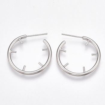 Brass Stud Earring Findings, Half Hoop Earrings, with Rhodium Plated 925 Sterling Silver Pins, For Half Drilled Beads, Nickel Free, Real Platinum Plated, 30.5x31x2mm, Pin: 0.8mm & 1mm