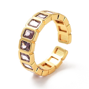 Rectangle Brass Micro Pave Cubic Zirconia Open Cuff Ring for Women, Golden, Medium Purple, 5mm, Adjustable