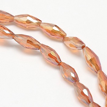 Electroplate Crystal Glass Rice Beads Strands, Faceted, Rainbow Color Plated, Coral, 4x9mm, Hole: 1mm, about 58pcs/strand, 20.4 inch