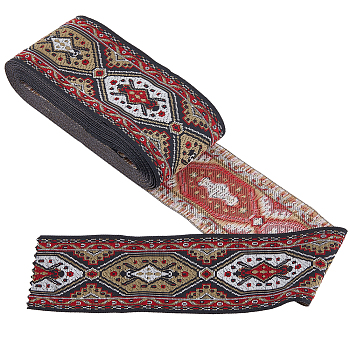 Ethnic Style Polyester Embroidery Ribbons, Hexagon Jacquard Ribbon, Clothes Accessories, Camel, 2 inch(50mm)