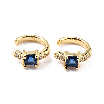 Brass Micro Pave Cubic Zirconia Cuff Earrings, Real 18K Gold Plated, Ring, Blue, 13x2.5mm