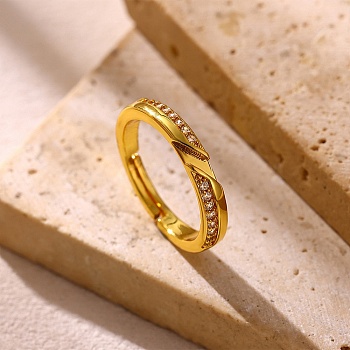 Adjustable Brass Micro Pave Cubic Zirconia Cuff Open Rings for Women, Golden, 3mm, Inner Diameter: 17mm