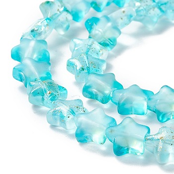 Transparent Glass Beads Strand, with Glitter Powder, Star, Cyan, 7.5~8x8.3x4mm, Hole: 0.7~1mm, about 50pcs/strand, 14.72~14.92 inch(37.4~37.9cm)