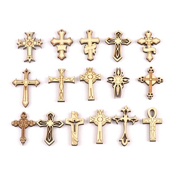 Wood Pendants, Wood Embellishments, Religion, Cross, Mixed Color, 45x25x2.5mm, Hole: 1.6~1.8mm, about 100pcs/bag