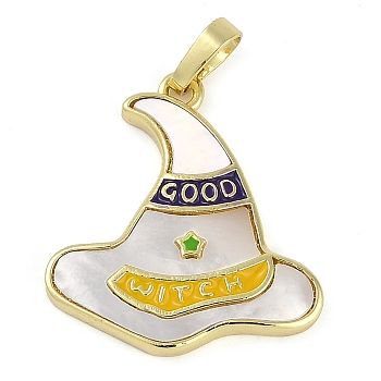 Halloween Rack Plating Brass Enamel Pendants, with Pave Shell, Long-Lasting Plated, Lead Free & Cadmium Free, Real 18K Gold Plated, Hat, 24x22x3mm, Hole: 5x3.5mm