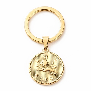 304 Stainless Steel Pendants Keychain, with 304 Stainless Steel Split Key Rings, Flat Round with Twelve Constellations, Leo, 6.2cm