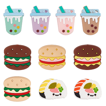 12pcs 10 Style Hamburger/Sushi/Drink Food Grade Eco-Friendly Silicone Beads, Chewing Beads For Teethers, DIY Nursing Necklaces Making, Mixed Color, 29~34x23~31.5x8.5~11.5mm, Hole: 2.7~2.8mm, 12pcs