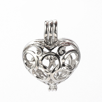 Brass Cage Pendant, Hollow, Heart, Platinum, 21x16x11mm, Hole: 2x4mm, inner measure: 14x10.5mm