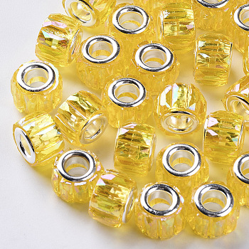 Transparent Resin European Beads, Large Hole Beads, with Silver Color Plated Double Brass Cores, Faceted, AB Color Plated, Column, Gold, 11.5x8mm, Hole: 5mm