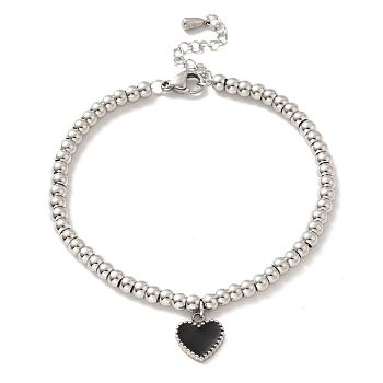 304 Stainless Steel Heart Charm Bracelet with Enamel, 201 Stainless Steel Round Beads Bracelet for Women, Stainless Steel Color, 8-3/8 inch(21.4cm)