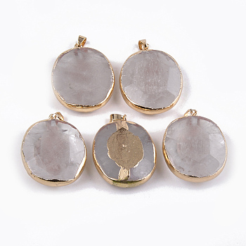 Golden Plated Natural Quartz Crystal Pendants, with Iron Findings, Faceted, Flat Round, 42~43x32~33x8~13mm, Hole: 4.5x7mm