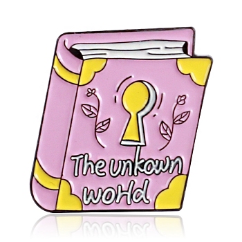 Book with Word The Unkown World Enamel Pin, Electrophoresis Black Plated Alloy Badge for Backpack Clothes, Pearl Pink, 23x20mm