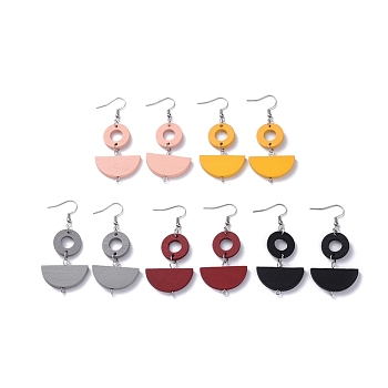 Painted Wood Dangle Earrings, with Stainless Steel Hoop, Ring and Half Round, Mixed Color, 64.6mm, Pin: 0.7mm