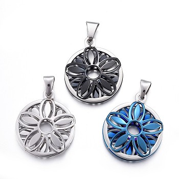 304 Stainless Steel Pendants, Flat Round with Flower, Mixed Color, 37x31x6.7mm, Hole: 4x8mm