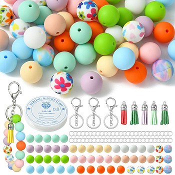 DIY Beaded Phone Charms Straps Keychain Making Kit, Including Silicone Round Beads, Iron Split Key Rings, Faux Suede Tassel Pendant Decoration, Mixed Color, 117Pcs/bag