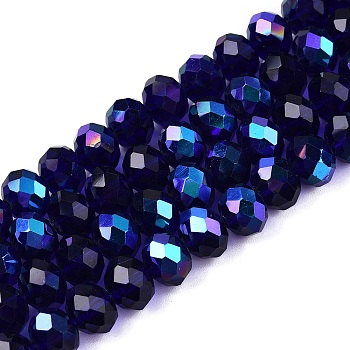 Electroplate Glass Beads Strands, Half Rainbow Plated, Faceted, Rondelle, Dark Blue, 8x6mm, Hole: 1mm, about 64~65pcs/strand, 40~41cm