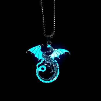 Stainless Steel Box Chain Necklaces, Luminous Dragon Flame Pandant Necklace, Light Sky Blue, 23.62 inch(60cm)