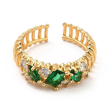 Brass Cubic Zirconia Cuff Ring, Open Ring for Women, Real 18K Gold Plated, Green, US Size 7 1/4(17.5mm)