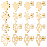 80Pcs 4 Style 201 Stainless Steel Stud Earring Findings, with 304 Stainless Steel Pins & Horizontal Loops & Ear Nuts, Clover, Real 24K Gold Plated, 12~15x10~12mm, Hole: 1.2~1.4mm, Pin: 0.8mm, 20Pcs/style(EJEW-BBC0001-06)