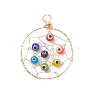 Wire Wrapped Handmade Evil Eye Lampwork Round Pendants, with Eco-Friendly Copper Wire, Flat Round, Real 18K Gold Plated, 51x40x6mm, Hole: 5.2mm(PALLOY-JF01954)