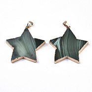 Natural Banded Agate/Striped Agate Pendants, with Light Gold Pleated Edge and Iron Bail, Star, Dyed, Medium Sea Green, 45~50x43~45x5~8mm, Hole: 4x7.5mm(G-N326-39C)