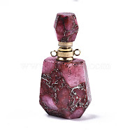 Assembled Synthetic Pyrite and Imperial Jasper Openable Perfume Bottle Pendants, with Brass Findings, Dyed, Medium Violet Red, capacity: 1ml(0.03 fl. oz), 42x22.5x15mm, Hole: 1.8mm, Capacity: 1ml(0.03 fl. oz)(G-R481-13C)