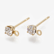 Brass Stud Earring Findings, with Loop, Real 18K Gold Plated, with Cubic Zirconia, , Clear, 5.5x3mm, Hole: 0.8mm, Pin: 0.7mm(KK-S348-119)