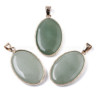 Natural Green Aventurine Pendants, with Light Gold Plated Brass Edge and Snap on Bail, Oval, 35~36x21.5x6.5mm, Hole: 6x5mm(G-N326-31B)