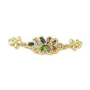Rack Plating Brass Pave Colorful Cubic Zirconia Flower Connector Charms, Long-Lasting Plated, Cadmium Free & Lead Free, Real 18K Gold Plated, 50x12x3.5mm, Hole: 1.4mm(KK-C052-37C-G)