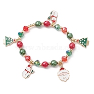 Alloy Enamel Santa Claus Christmas Tree Charm Bracelets, Electroplated Glass Beaded Stretch Bracelets for Women Men, Light Gold, Inner Diameter: 2-1/4 inch(5.65cm)(BJEW-TA00465)
