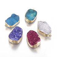 Natural Druzy Crystal Links connectors, with Golden Tone Brass Findings, Oval, Dyed, Mixed Color, 32~37x17.5~19.5x7.5~10.5mm, Hole: 1.8mm(G-L509-15G)